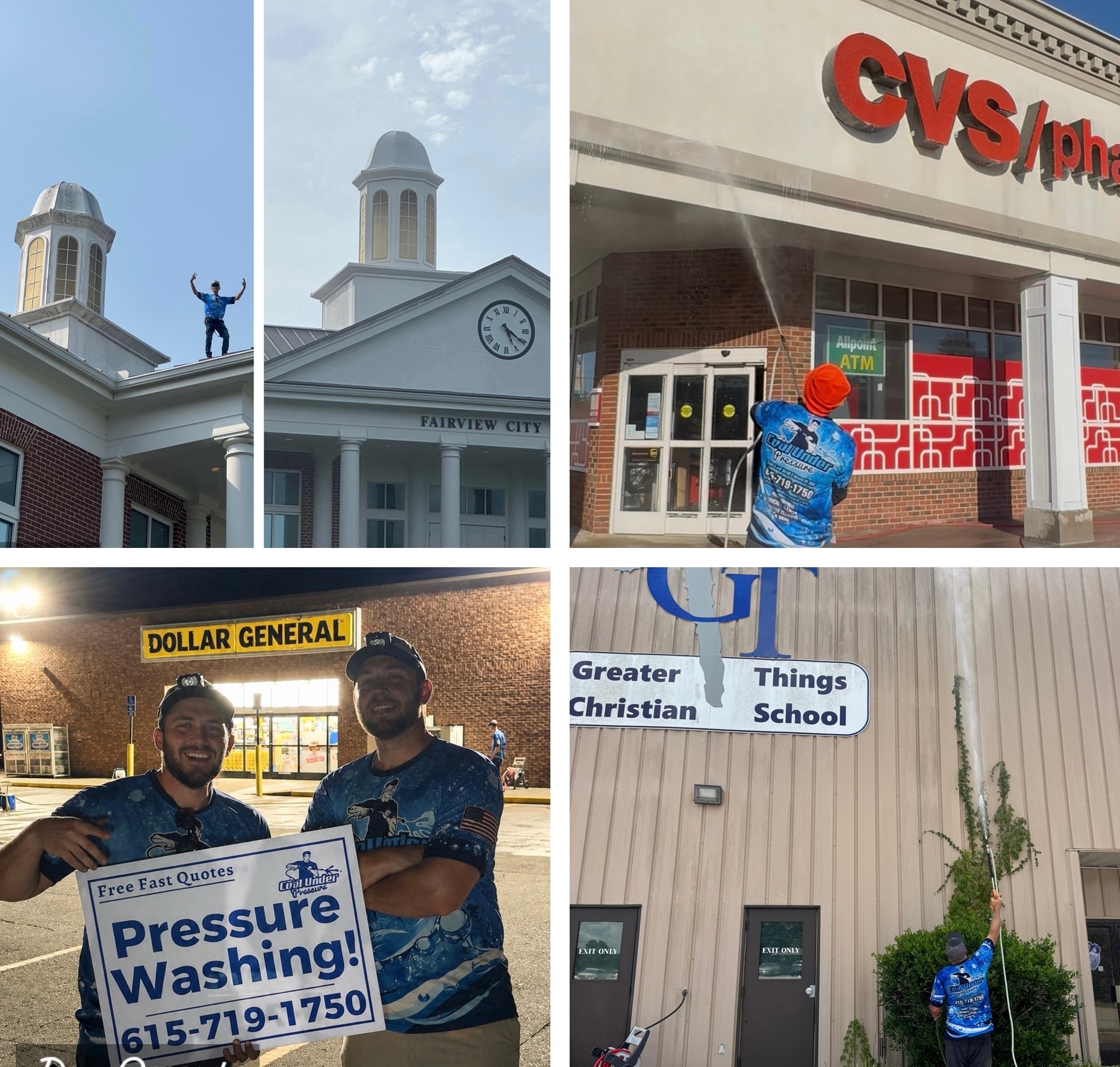 Cool Under Pressure commercial jobs — Fairview City Hall roof, CVS storefront, Dollar General, and Greater Things Christian School