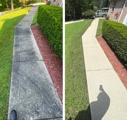 Sidewalk before and after pressure washing — concrete fully restored to clean condition