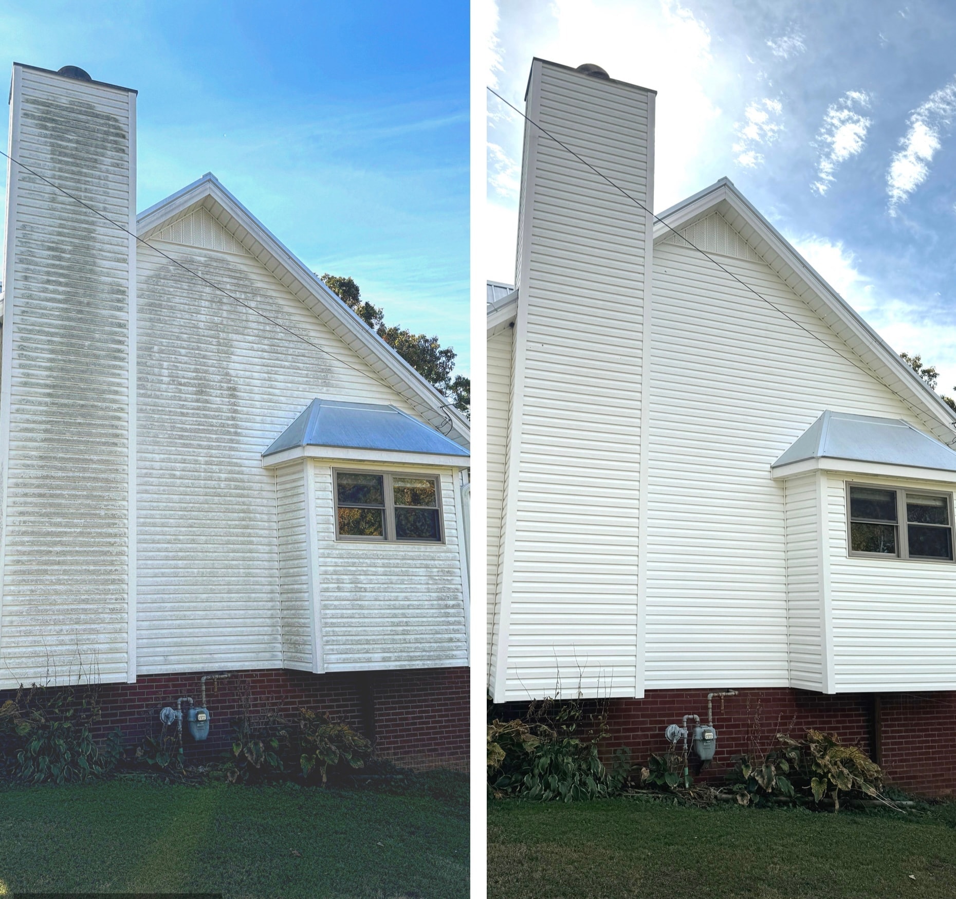 White vinyl siding house before and after soft washing — mold and streaks completely removed