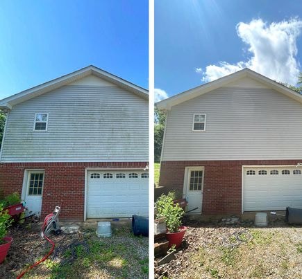 House exterior before and after soft washing — siding cleaned and restored