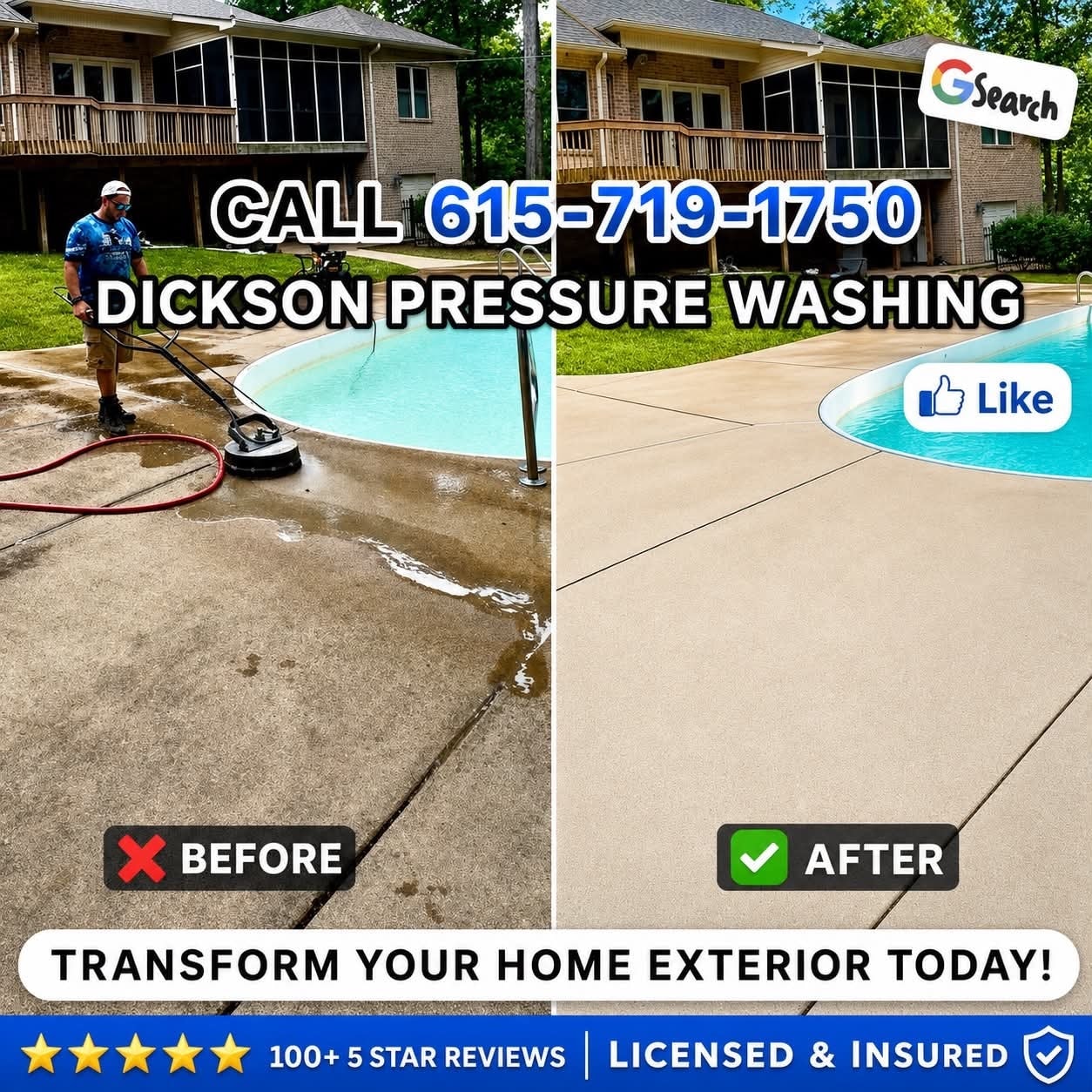 Pool deck concrete before and after pressure washing — surface cleaner removes years of grime
